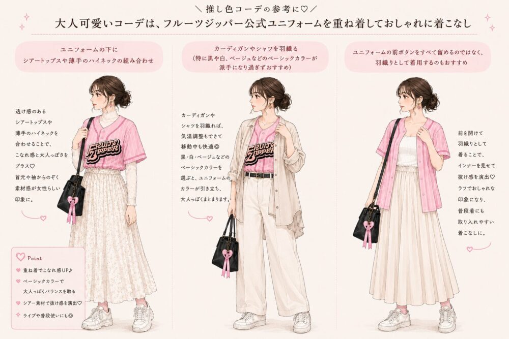 フルーツジッパー公式ユニフォームを重ね着して大人可愛いコーデに