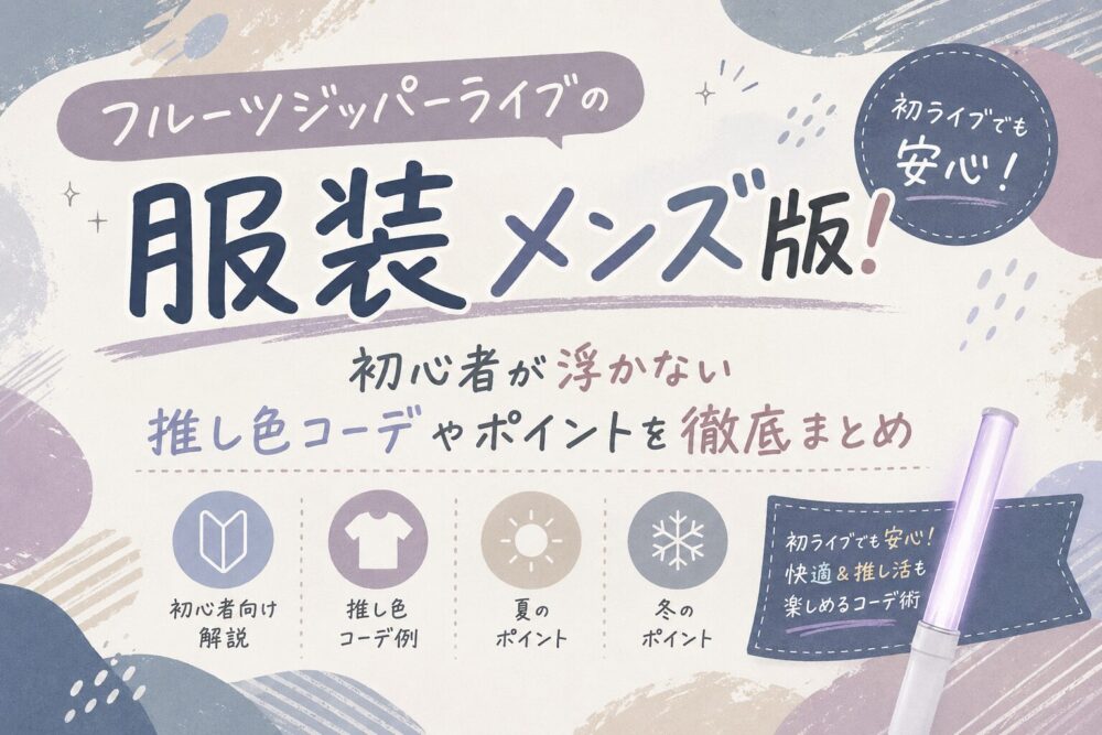 フルーツジッパーライブの服装メンズ版！初心者が浮かない推し色コーデや夏冬のポイントも徹底まとめ
